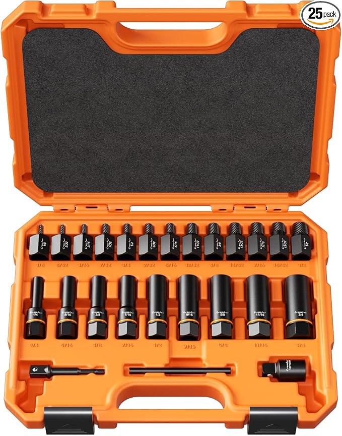 Crosstar 25PCS Bolt Extractor Kit, 3/8" Drive Screw & Nut Remover Set, Deep Socket for Stripped, Rusted, Broken Bolts, Includes Adapter, Extension Bar, Knockout Pin