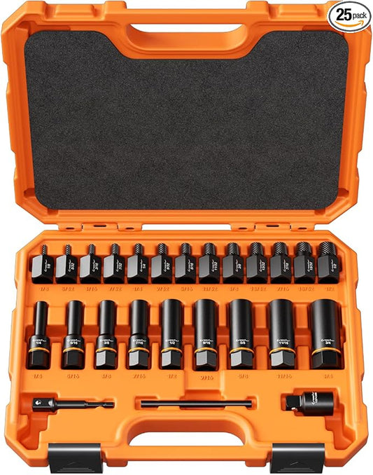 Crosstar 25PCS Bolt Extractor Kit, 3/8" Drive Screw & Nut Remover Set, Deep Socket for Stripped, Rusted, Broken Bolts, Includes Adapter, Extension Bar, Knockout Pin