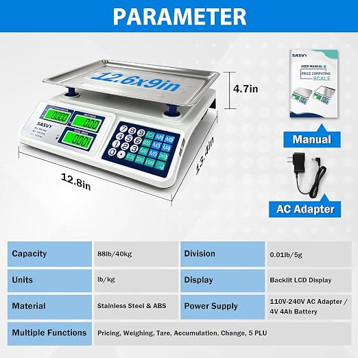 Price Computing Scale 88lb/40kg Commercial Food Scale with Change Function, Dual LCD Displays, Rechargeable Battery for Farmers Markets, Deli, Produce, Meat, Retail