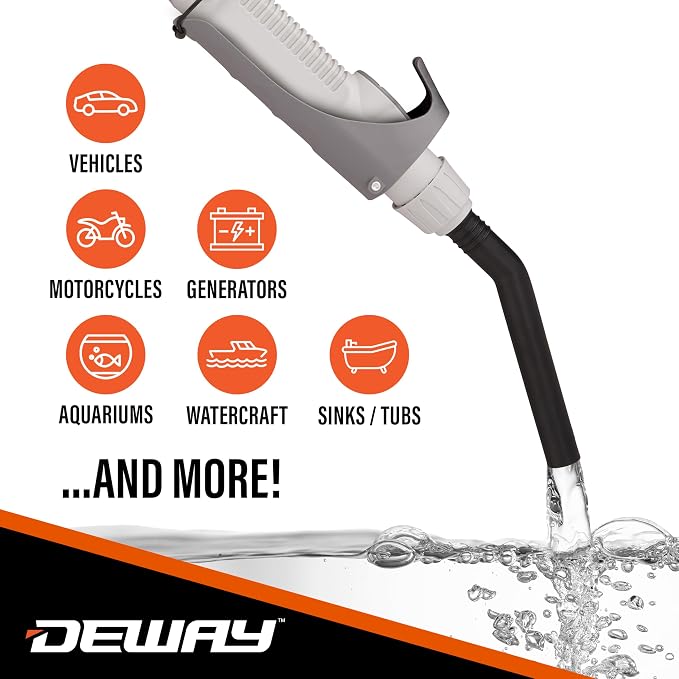 Deway AA Battery Gas Pump Automatic Fuel Transfer with Trigger Nozzle & PVC Hose - 2.4 GPM Siphon Pump for Gasoline, Diesel, Kerosene, Gas Cans, Generators, Lawn Mowers, Boats, ATVs