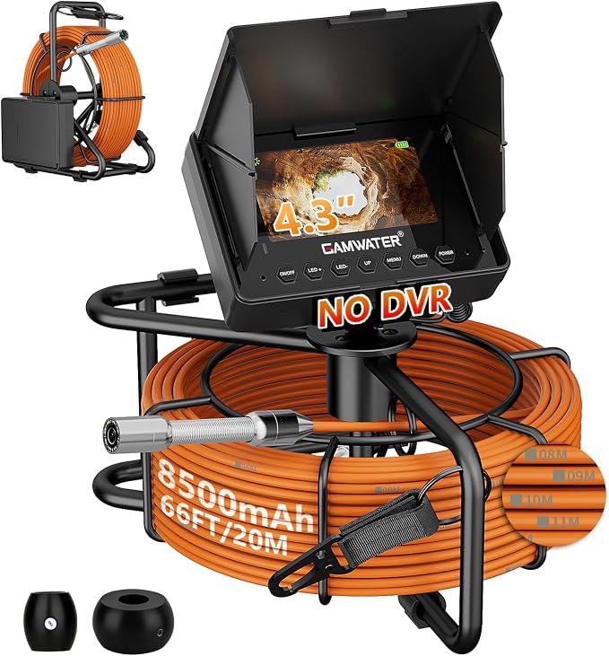 Sewer Camera 66FT/100FT Pipe Inspection Borescope Endoscope Camera with 8pcs LEDs Light 4.3" IPS Screen 17MM Plumbing Snake 8500Mah Battery IP68 Waterproof (17MM-20M(NODVR))