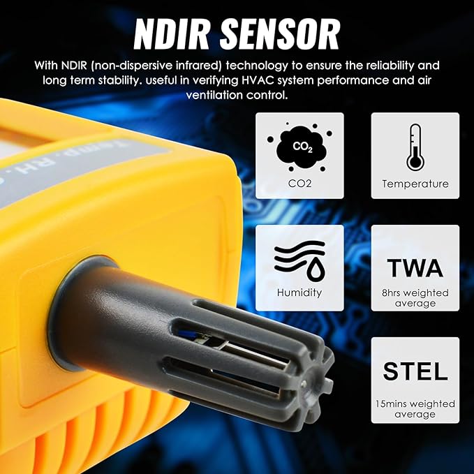 CO2 Meter Handheld CO2 Detector, 0-9999ppm Digital CO2 Monitor Temperature and Humidity Meter Carbon Dioxide Detector with NDIR Sensor Buzzer Alarm and Clibration Function for Home Grow Room