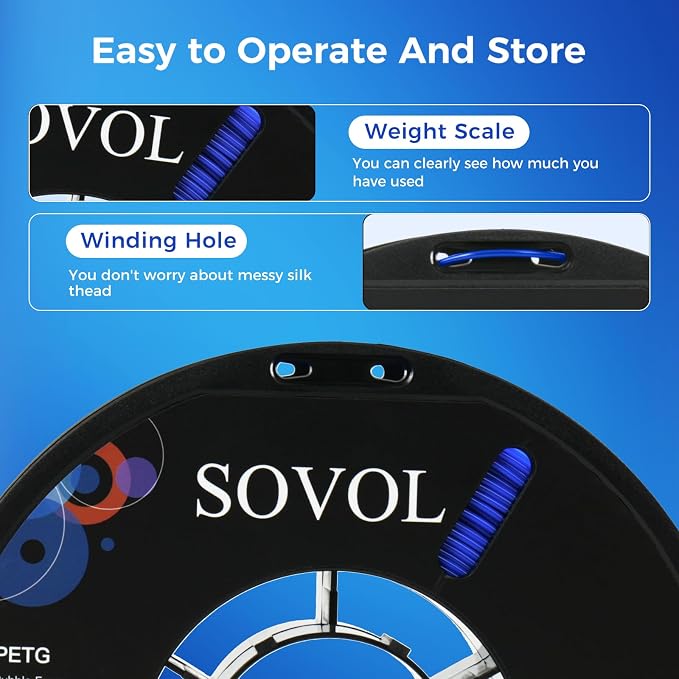 Sovol 3D Printer PETG Filament 1.75mm 1KG (2.2lbs), High Precision, Strong Toughness, Wiring Tightness, Dimensional Accuracy +/- 0.03 mm, 3D Printing PETG Filaments, Blue