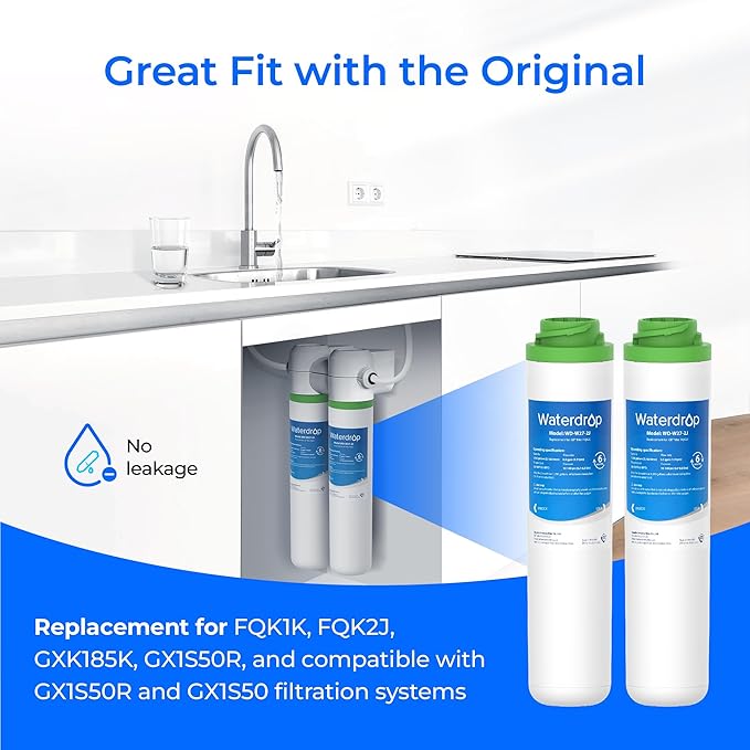 Waterdrop FQK2J Under Sink Water Filter, Replacement for GE FQK2J, FQK1K, Compatible with GE GXK255TBN, 1350 Gallons Dual Flow Drinking Water Replacement Filters, 4 Pack