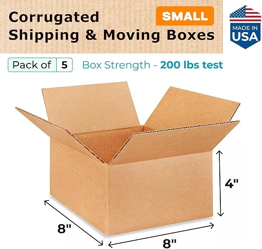 Small Moving & Shipping Boxes 8 x 8 x 4 inches (5-Pack) - Extra Strength 200 lb vs Regular - USA-Made Corrugated Moving Boxes for USPS/UPS/FEDEX - Cardboard Packing Box for Moving by IDL Packaging