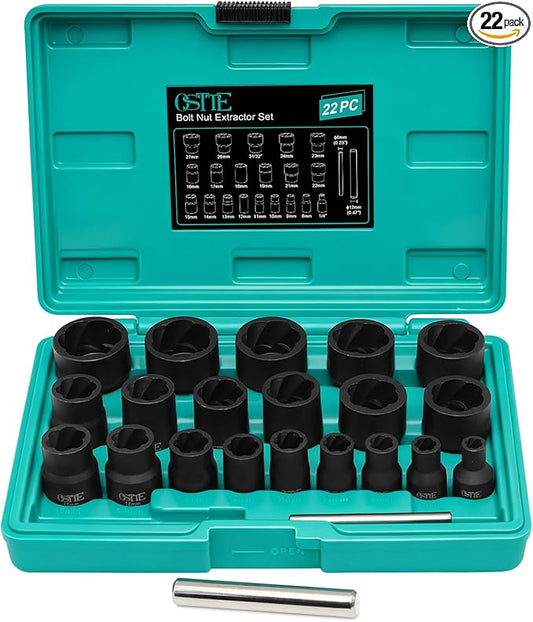 22Pcs Bolt Nut Extractor Set Metric 8-27mm, 1/2" & 3/8" Drive Impact Cr-Mo Steel Lug Nut Remover Socket, Wheel Lock Removal Kit for Damaged, Stripped, Frozen, Nuts & Screws