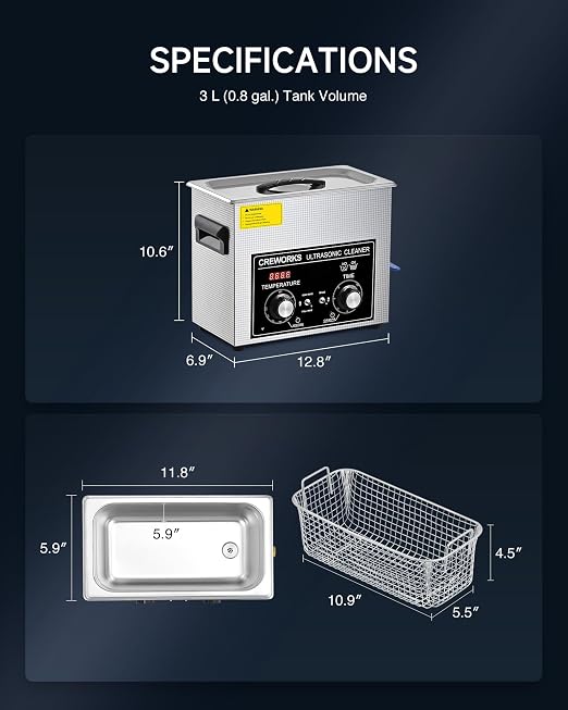 CREWORKS 6L Ultrasonic Cleaner with Heater and Timer, 180W Stainless Steel Ultrasonic Cleaner Machine with Degas & Gentle Modes, Ultrasonic Parts Cleaner with Knob Control for Jewelry Glasses Watch