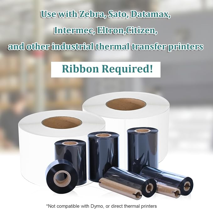 Industrial Thermal Transfer Labels 4x6 for Barcode Shipping, Ribbon Required, 3 Inch Core, 2 Rolls/Case 1000 per Roll, Perforated, Compatible with Thermal Transfer Printers