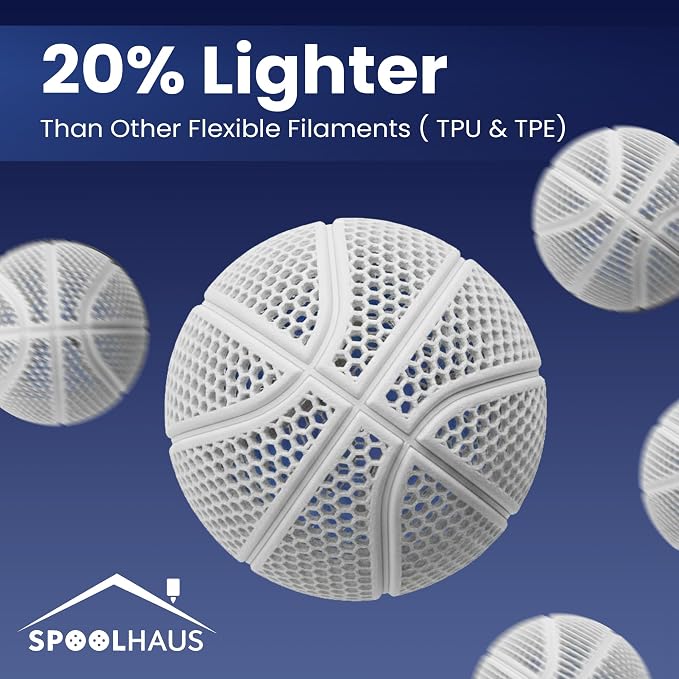 PEBA Filament 1.75mm Full 1kg SpoolHaus Super Bounce | High Rebound Flexible Filament | The Super TPU 78% Energy Return | Bouncy Airless Basketball 3D Printer Filament Lightweight White 1kg