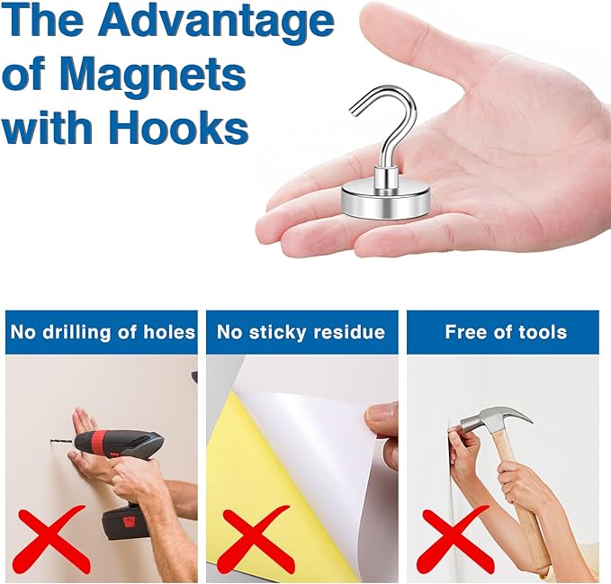 LOVIMAG Magnetic Hooks Heavy Duty, 85LBS, 12 Pack | Magnet with Hook for Cruise Cabins, Classroom, Kitchen Essentials, Door Decoration, Refrigerator, Silver