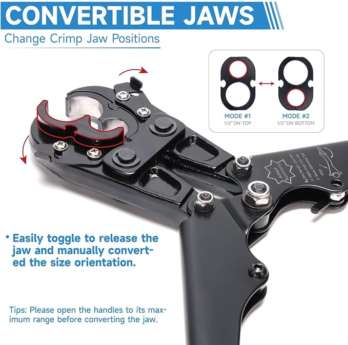 iCrimp PEX Pipe Crimping Tool, Convertible 1/2" & 3/4" Jaws | Convertible 1/2" & 3/4" jaws for tight spaces and easier rear crimping; includes GO/NO-GO gauge