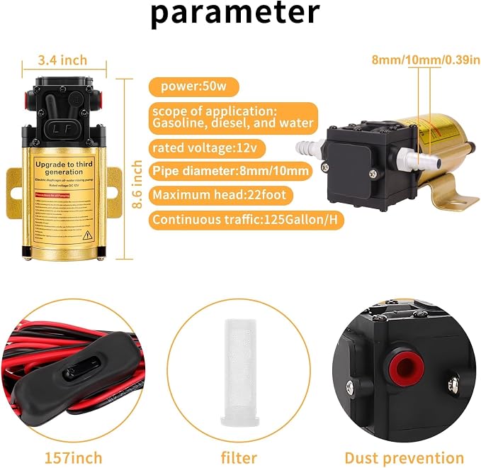 12V Electric Fuel Gasoline Transfer Pump 120GPH Ex-Proof Design | Explosion-proof diaphragm design Applicable to vehicles,equipment and ships Transports 125 gallons of fuel and water per hour