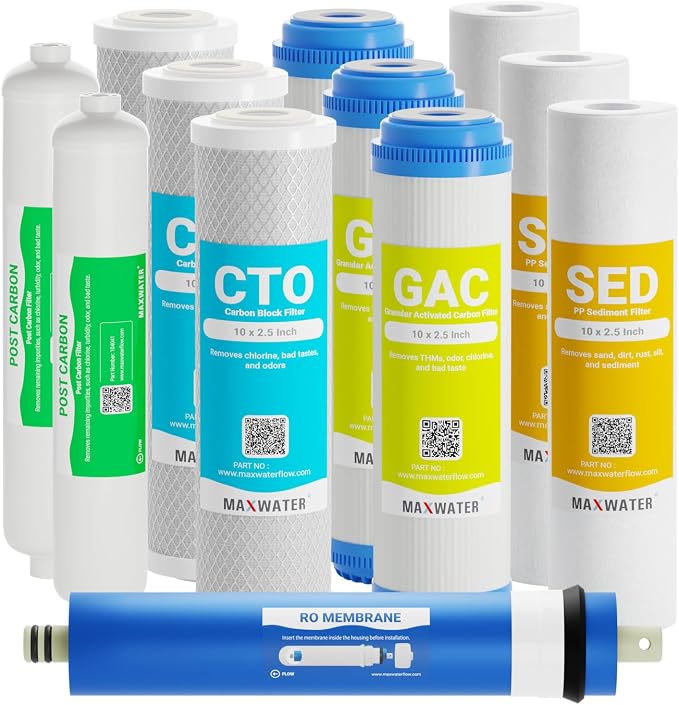 Max Water Replacement Filter Set for Standard 5 Stage Reverse Osmosis Water filter System 50 GPD RO Membrane Filters - 12 Pack - 10 inch Standard Size Water Filters