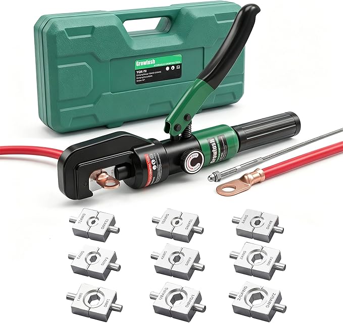 Hydraulic Crimping Tool, 2/0 Battery Cable Crimper, 10T Hydraulic Crimper for US AWG Size 12-2/0 Gauge Stranded (9 Sets of US Standard Crimping Dies: 12, 10, 8, 6, 4, 2, 1, 0, and 00AWG)