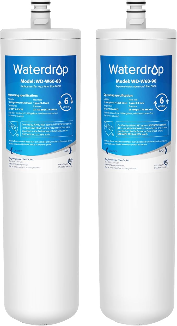 Waterdrop DW80/90 Under Sink Water Filter, Replacement for Aqua-Pure® AP-DW80/90, AP-DWS1000, Kohler® K-201-NA, Kohler® K-202-NA, NSF/ANSI 42&372, 2 Pack, Model No.WD-W60-80/90