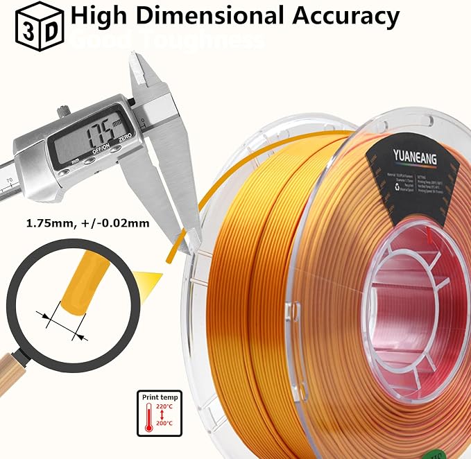 Silk Dual-Color PLA Filament 1.75mm Red-Gold, ±0.03mm Precision, 1kg Spool (2.2 lbs), Smooth Gradient Two-Tone PLA, Neatly Wound & Compatible with Most 3D Printers