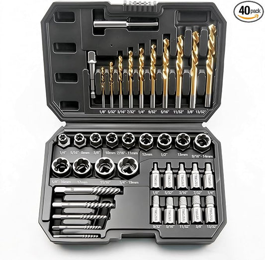 40Pcs CR-MO Screw & Bolt Extractor Set with Left Hand Drill Bit, 2-in-1 Multi-Spline Lug nut Remove,Easy Out Broken Bolt Remover Reverse,Stripped Fastener Tool for Stripped, Rounded, Damaged