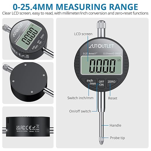 AUTOUTLET Digital Dial Indicator with Magnetic Base, 0-1 in/25.4 mm Electronic Gauge, 176lbs/80KG Magnetic Stand, Inch Metric Conversion, Auto-Off Function with Portable Case for Workshop Use