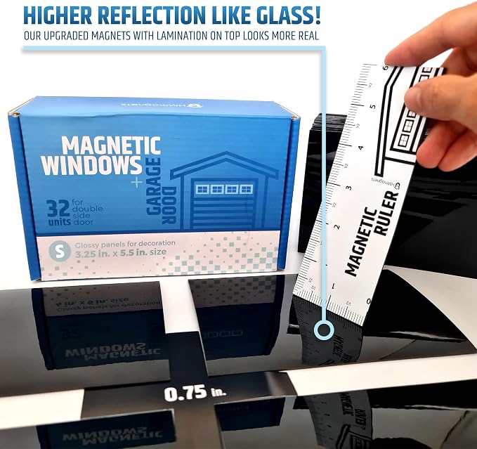 Strong & Glossy Magnetic Garage Door Windows (Size Small) - Looks Like Real Window Panels/Faux Panes - Easy to Align & Will Never Fall (Upgraded Magnets) | Fits 2 Car Garage | 32pcs 3.25"X5.5"