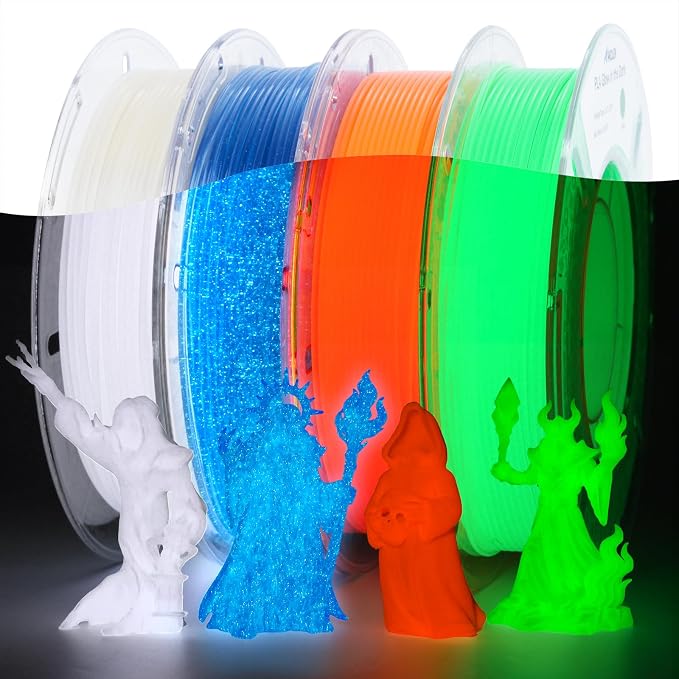 AMOLEN Glow in the Dark 3D Printer PLA Filament Bundle, Glow Shiny Firefly Blue, Orange, Green, and White, 1.75mm PLA Filament for Most FDM 3D Printer, Dimensional Accuracy +/- 0.02 mm, 200g X 4 Pack