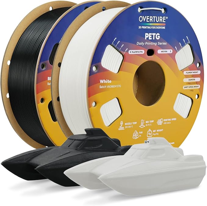 OVERTURE PETG Filament 1.75mm Bundle 2kg, High Speed 3D Printer Filament, Neatly Wound & Clog-Free, 2 Pack 1kg(2.2lbs), Accuracy +/- 0.02mm, Fit Most FDM Printers (Black + White)