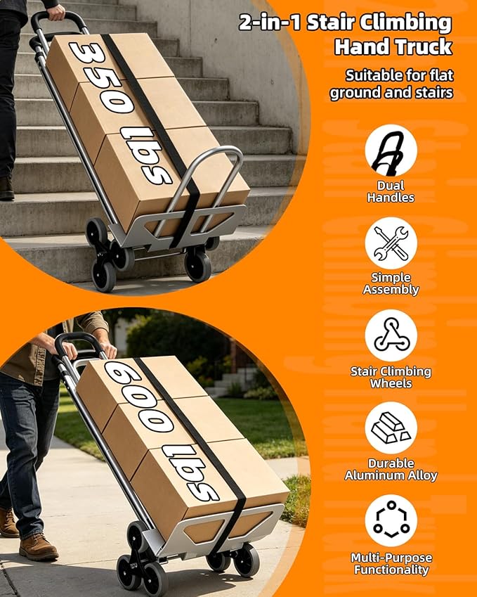 Aluminum 2 in 1 Hand Truck Dolly Cart with 6 Wheels, 600 Lbs Capacity, Heavy Duty Stair Climbing Dolly with Dual Handles, Bungee Cord & Strap for Flat Ground & Stairs, Warehouse, Home, Office, Silver