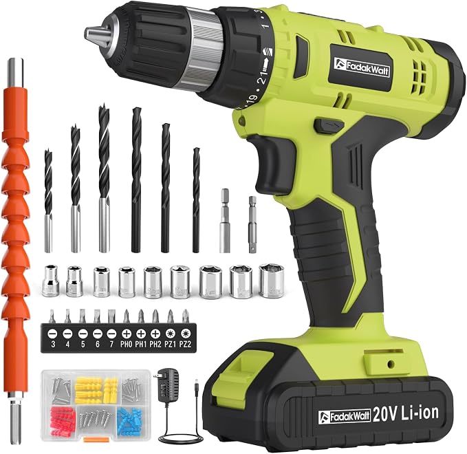 FADAKWALT Cordless Drill Set, 20V Electric Power Drill with Battery And Charger, Torque 30N, 21+1 Torque Setting, 3/8-Inch Keyless Chuck, LED Work Light, Complete Drill & Driver Bits Kit（green)