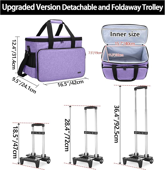 Yarwo Upgraded Rolling Craft Bag with Detachable Trolley and Multi-Pockets | Removable Bottom Board, Wheeled Scrapbook Tote, Large Teacher Gifts Bag, Rolling Briefcase for Teaching & Office, Purple