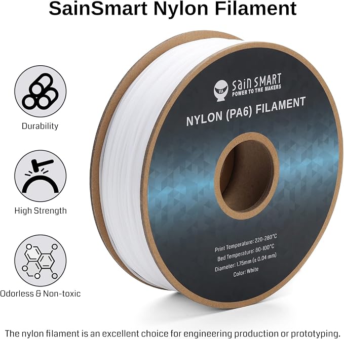 SainSmart PA6 Nylon Filament 1.75mm 3D Printer Filament, 1kg Cardboard Spool(2.2lbs), Dimensional Accuracy +/- 0.04 mm, Fit Most FDM Printer (White)