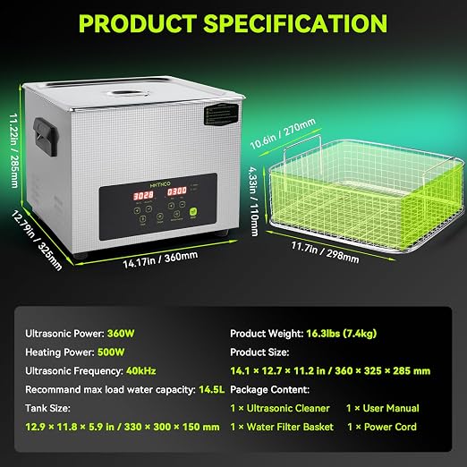 Commercial Ultrasonic Cleaner, ECO Mode, Heating, Degas Mode, ECO Energy-Saving Ultrasonic Cleaning Machine Excellent for Labs,Carburetor,Jewelry,Dentures,Automotive & Industrial Parts. (15L)