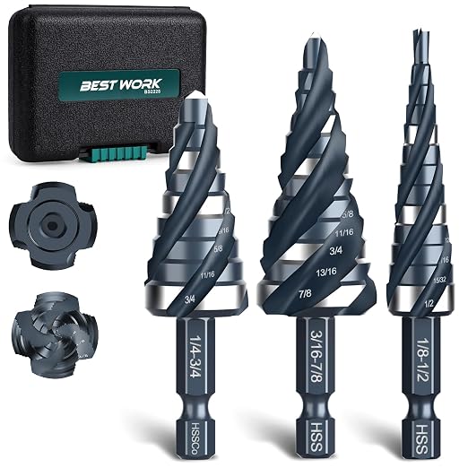 Four Spiral Flute Step Drill Bit Set, 3PCS 1/8"-7/8" (34 Sizes), High-Speed Steel Unibit Step Bits with 1/4" Hex Shank for Stainless Steel Metal Aluminum Wood Plastic