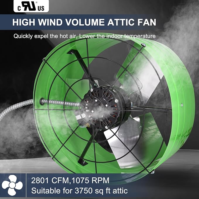 Criditpid 16 Inch Gable Mount Vent Attic Fan, Exhaust Ventilation Fan with Adjustable Thermostat for Gable, Home, Shed, Garage, Portable Building, 3.4A, 1075RPM, 2801CFM, Green.