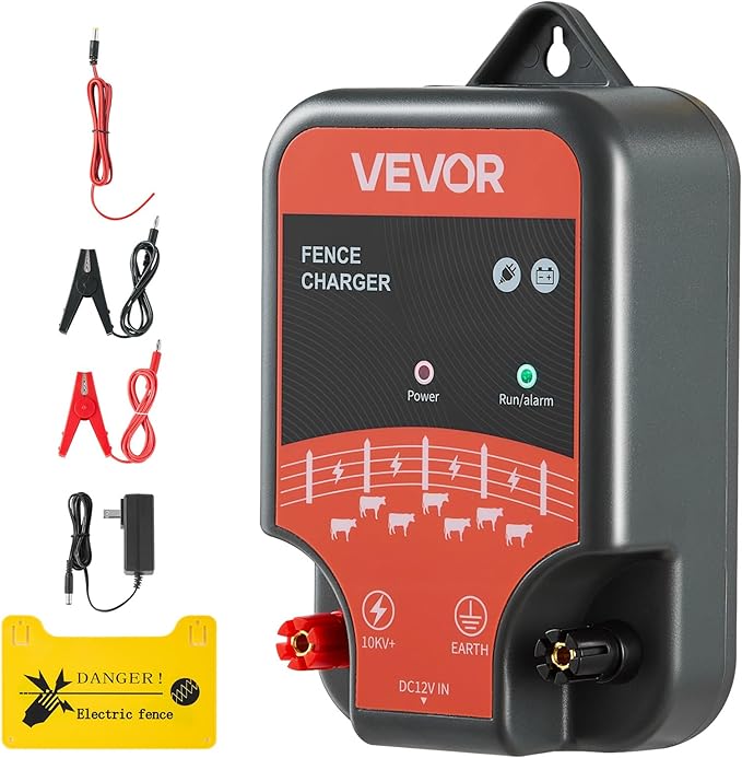 VEVOR Electric Fence Charger, 10kV 2J, AC DC Electric Fence Energizer with LED Indicator, 1.86 Miles Range, Powerful Plug-in Fences Charger, Prevents Wild Animals Intrusion for Livestock Poultry