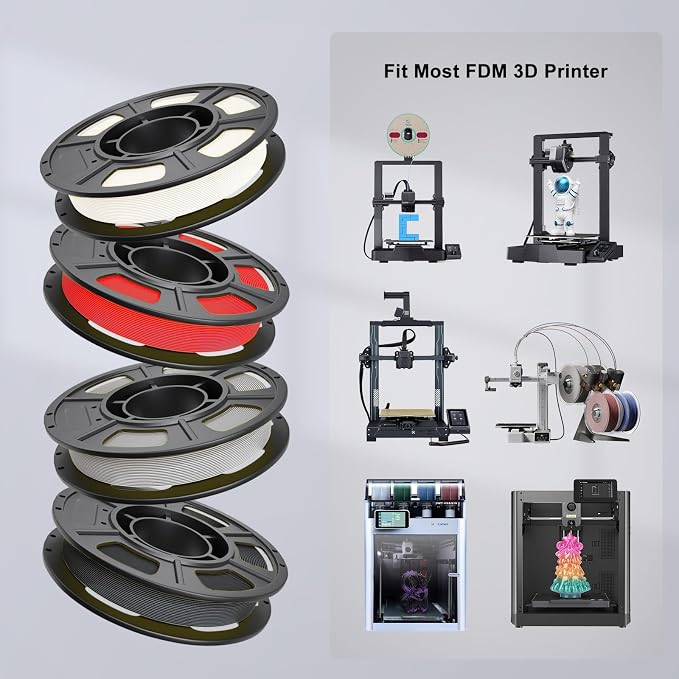 YOUSU PLA 4 * 250g 3D Printer Filament Bundle 1.75mm, Print with Most FDM 3D Printers, 1kg (2.2lbs), 4 Pack 250g Spool, Accuracy +/- 0.02mm，Black+White+Grey+Red