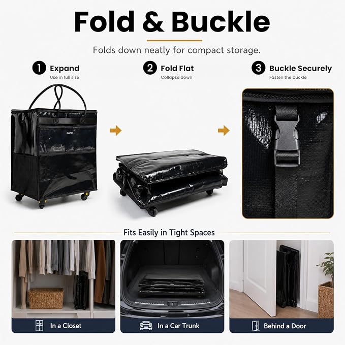 Rolling Grocery Bag with Wheels, 120L Foldable Shopping Cart Bag with Wide Shoulder Straps, 5 Detachable Wheels, Buckle Storage Strap, Large Reusable Utility Tote for Groceries (Black, Large)