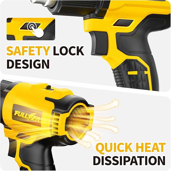 FULLYEA Cordless Heat Gun, Max 1022°F (550°C), Lightweight Hot Air Gun with 5 Nozzles & 2x4.0Ah Batteries, Portable Heat Gun Kit for Shrink Tubing, PVC Wrap, DIY Crafts (Yellow)