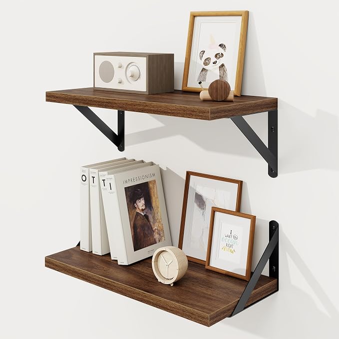Floating Shelves 8 Inch Deep, 16W x 8D Wall Shelf Set of 2, 35 lbs Heavy Duty Reversible Metal Brackets, Industrial Book Shelf for Living Room Kitchen Bathroom Bedroom Gallery Wall, Walnut