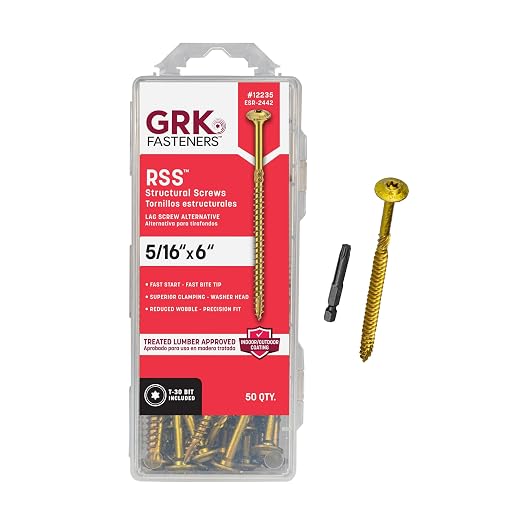 GRK Fasteners RSS™ 5/16 x 6 Inch, Rugged Structural Screws, 50 PCS, Rust Resistant Climatek™ Coating, Interior and Exterior Use, Heavy-Duty Framing & Decking Screws, Fast Bite Tip with Star Drive