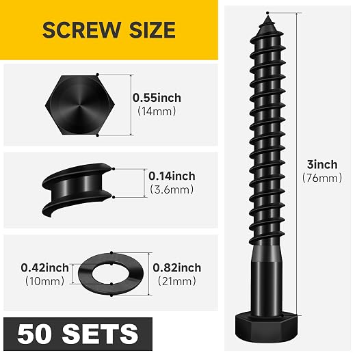 Mywish (50Sets) 3/8" x 3" Lag Bolts, 304 Stainless Steel 3/8 inch Lag Screws Bolts for Wood, Heavy Duty Hex Head with Flat Washers Bolt Kit, Black Oxided