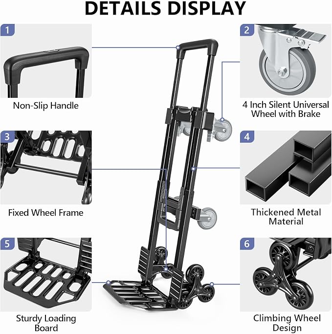 KEDSUM 3-in-1 Convertible Stair Climbing Dolly, 660LBS Heavy Duty Dolly Cart with Wheels, Hand Truck with Adjustable Handle Angle & Expandable Base for Home, Warehouses, 10-Wheel Design with Brakes