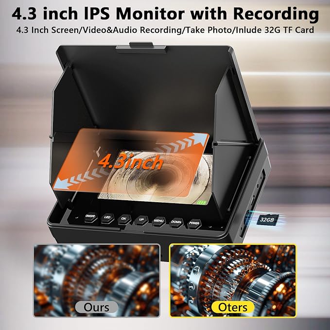 Sewer Camera,100FT/30M 4.3" Pipe Drain Inspection with DVR Function and LED Lights,18mm Borescopes Plumbing 8500Mah Battery Waterproof IP68 Endoscope HD 1000TVL 32GB Card (18mm Camera)