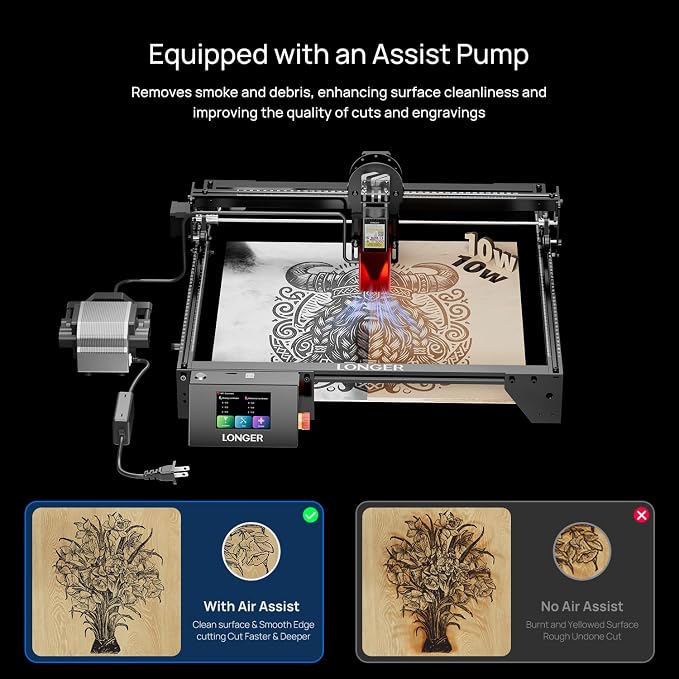 Longer RAY5 10W Laser Engraver with Air Assist Kit, Rotary Roller kit, and 8 Pcs Raiser, High Precision Laser Cutter and Engraver for Wood, Metal, Acrylic, Cylindrical Objects, Tumblers