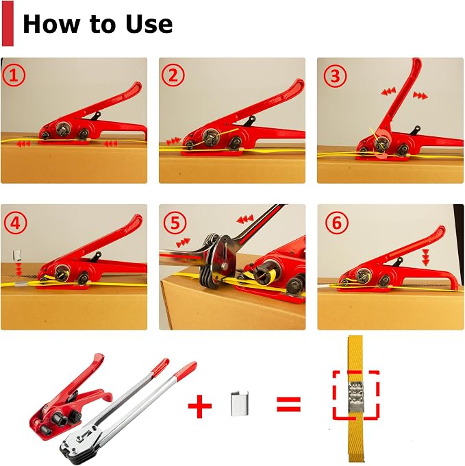 Heavy Duty Poly Strapping Tensioner with Cutter - Manual Strap Tool for 1/2"-3/4" PET & PP Strap, Durable Tensioner Tool for Home Moving & Commercial Shipping (Red, 8 Packs)
