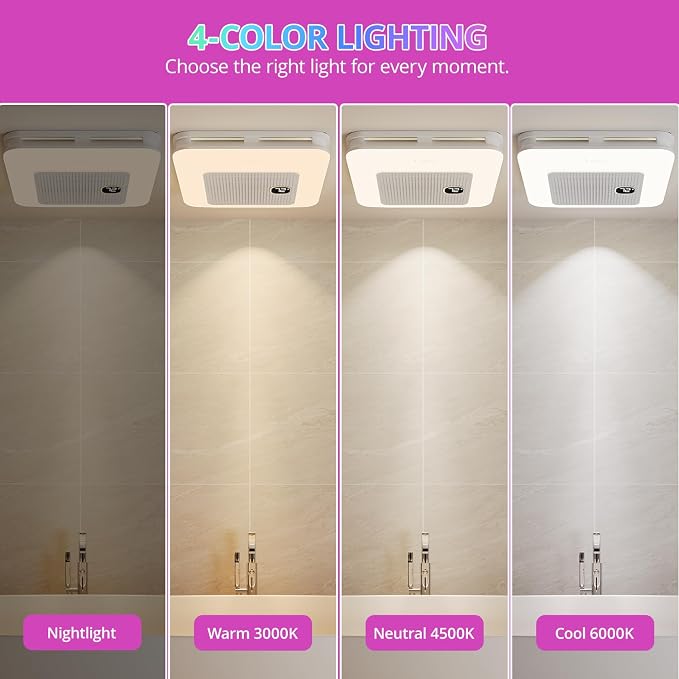 VallisCo Bathroom Exhaust Fan with Bluetooth Speaker, RGB Light & Remote, 230 CFM Quiet Ceiling Fan, 3 Dynamic RGB Lighting, 3000K–6000K Dimmable, Nightlight, Dual Installation