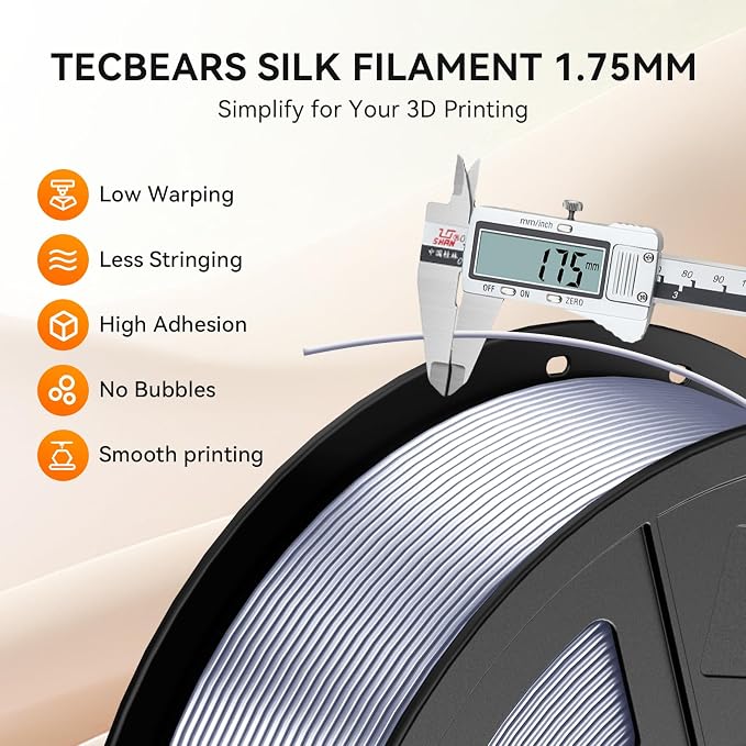 TECBEARS Silk Filament 1.75, Shiny Silk PLA Filament, 3D Printer Filament with Smooth Silky Surface, Dimensional Accuracy +/- 0.02mm, Fit Most FDM 3D Printers, Silk Orange 1KG