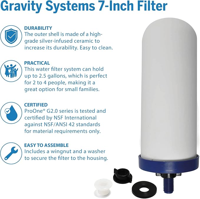 ProOne G-Series 7-Inch Gravity Filter Replacement 1-Pack - Universally Compatible with Gravity Water Filtration Systems - NSF/ANSI Certified to Reduce Lead, Microplastics, & Total PFAS (1-Pack)