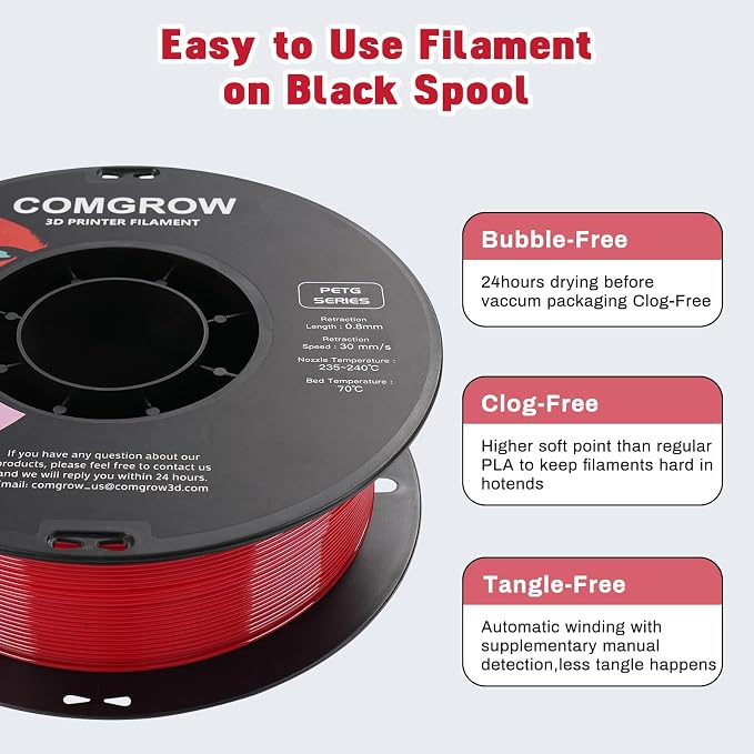Comgrow PETG 3D Printer Filament 1.75mm, High Precision and Tough 3D Printer Filament 1kg (2.2LBS), Dimensional Accuracy +/- 0.02 mm, Fit Most 3D Printers Red