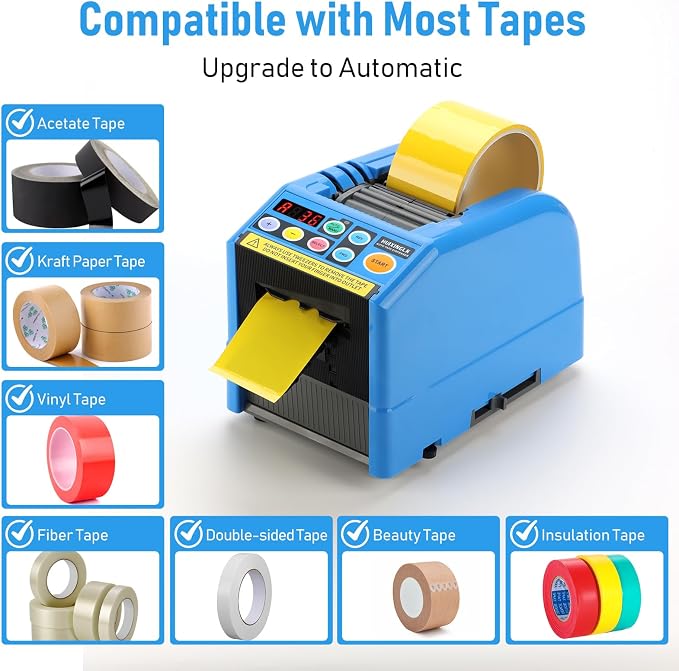 Upgraded Ceramic Roller Automatic Tape Dispenser, Dual Ribbon Cutting Machine, Adjustable 6-60mm Width 5-999mm Length, Electric Tape Cutter for Business, Shipping, Home & Daily Use