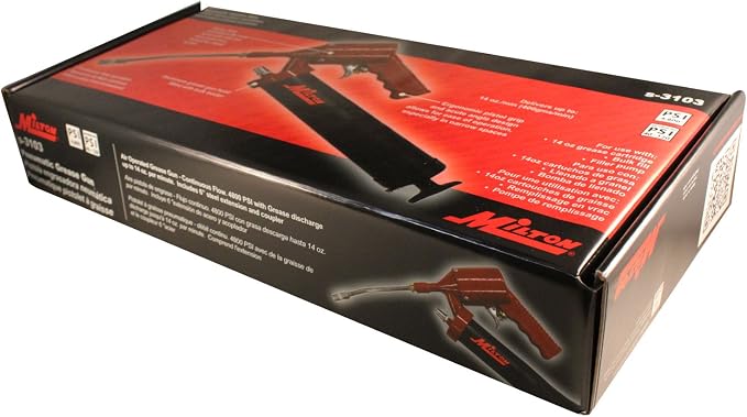 Milton Pneumatic Grease Gun S-3103, Continuous Flow of Grease up to 14 Ounces per Minute, Pistol Grip Handle, Includes 6” Bent Steel Extension and Coupler