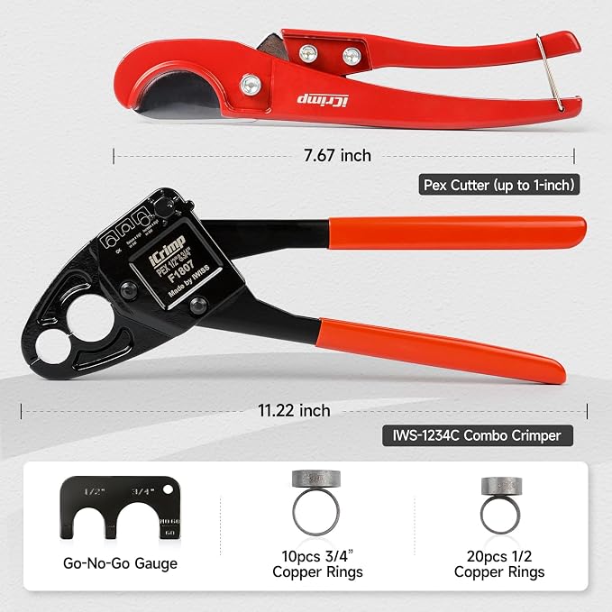 iCrimp ASTM F1807 PEX Crimping Kit with Cutter, Gauge & Copper Rings | Complete F1807 PEX kit with angle head crimper, PEX cutter, GO/NO-GO gauge and 30 copper rings